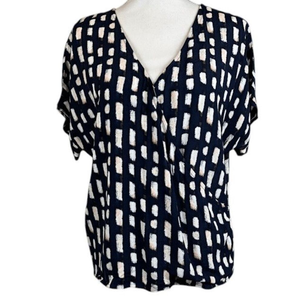 FRNCH Wrap Look Blouse‎ Navy Geo Print Cream Short Sleeve Size M/L